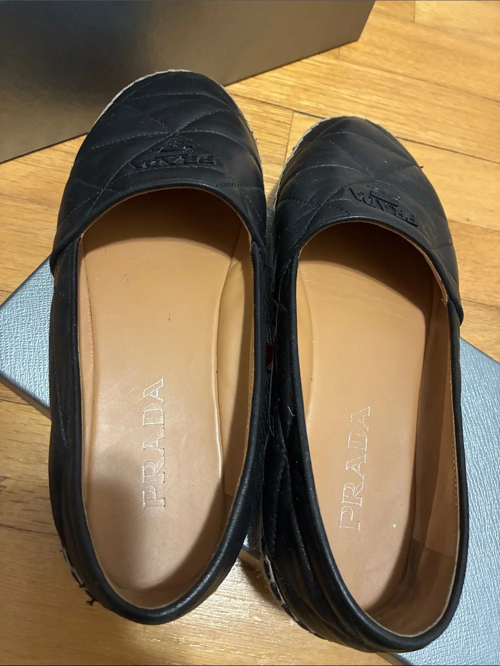 Prada Black Quilted Nappa Leather Espadrilles Triangle Logo 8.5  Box Authentic